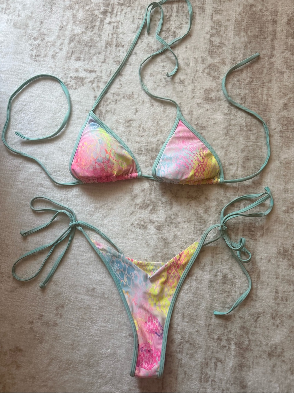Multi-Colored Tie-Dye Snake Print String Bikini - Blue Trim